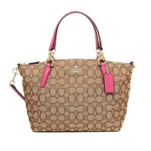 Coach Signature Logo Print Kelsey Bag Purse Canvas Brown Pink Gold Hardware